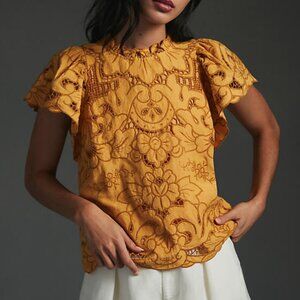 Anthropologie - The Lainie High-Neck Cutwork Lace Blouse in Canary - XXS
